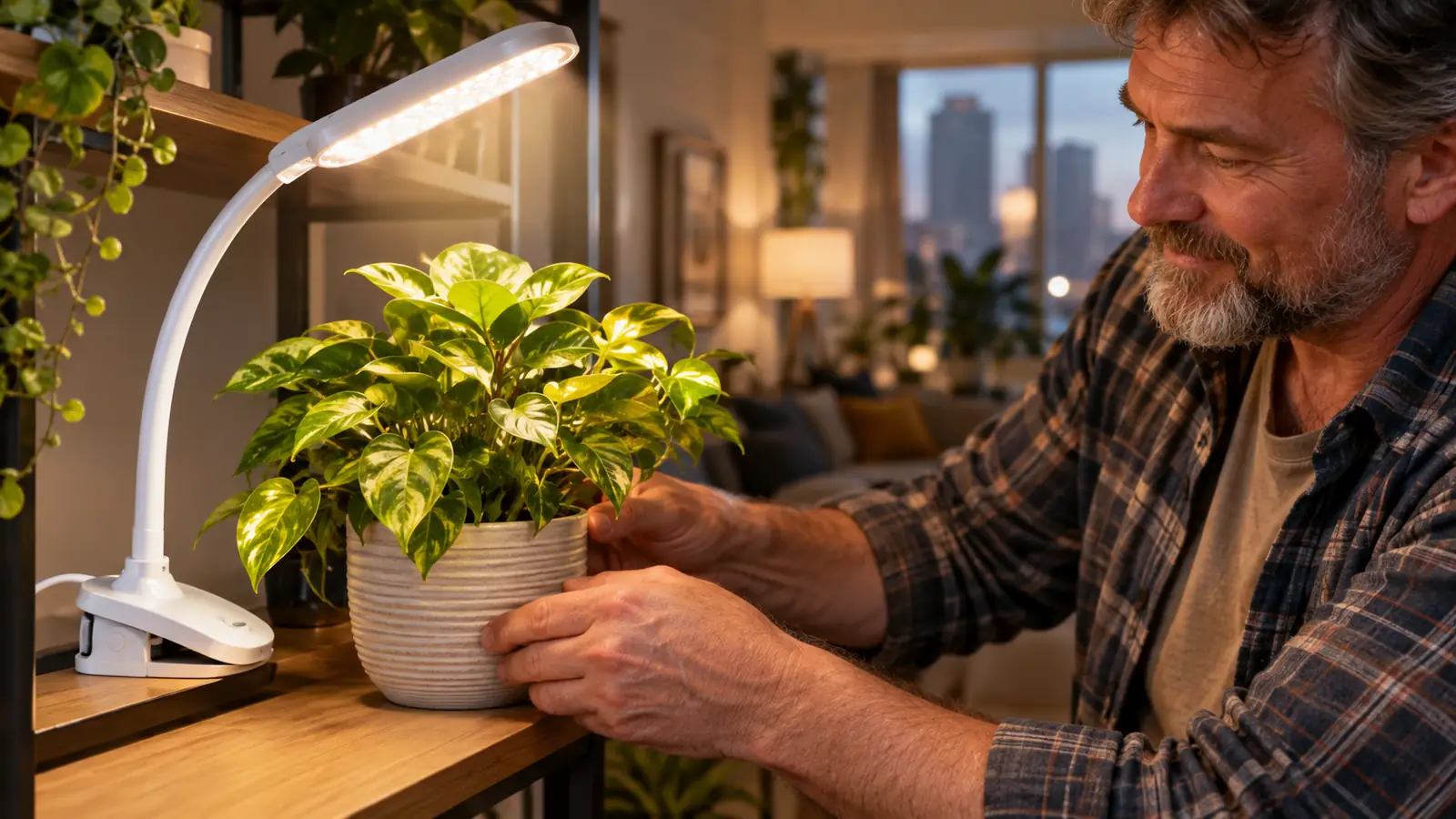 GooingTop grow light positioned on a shelf above a potted houseplant