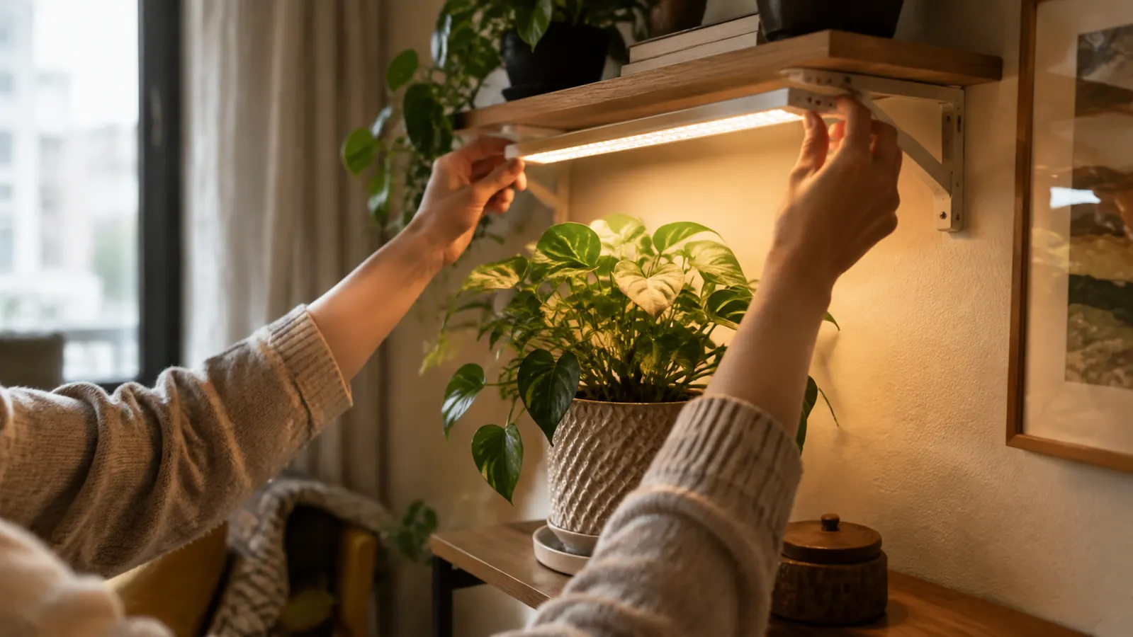 Person adjusting a grow light above a houseplant on a side table