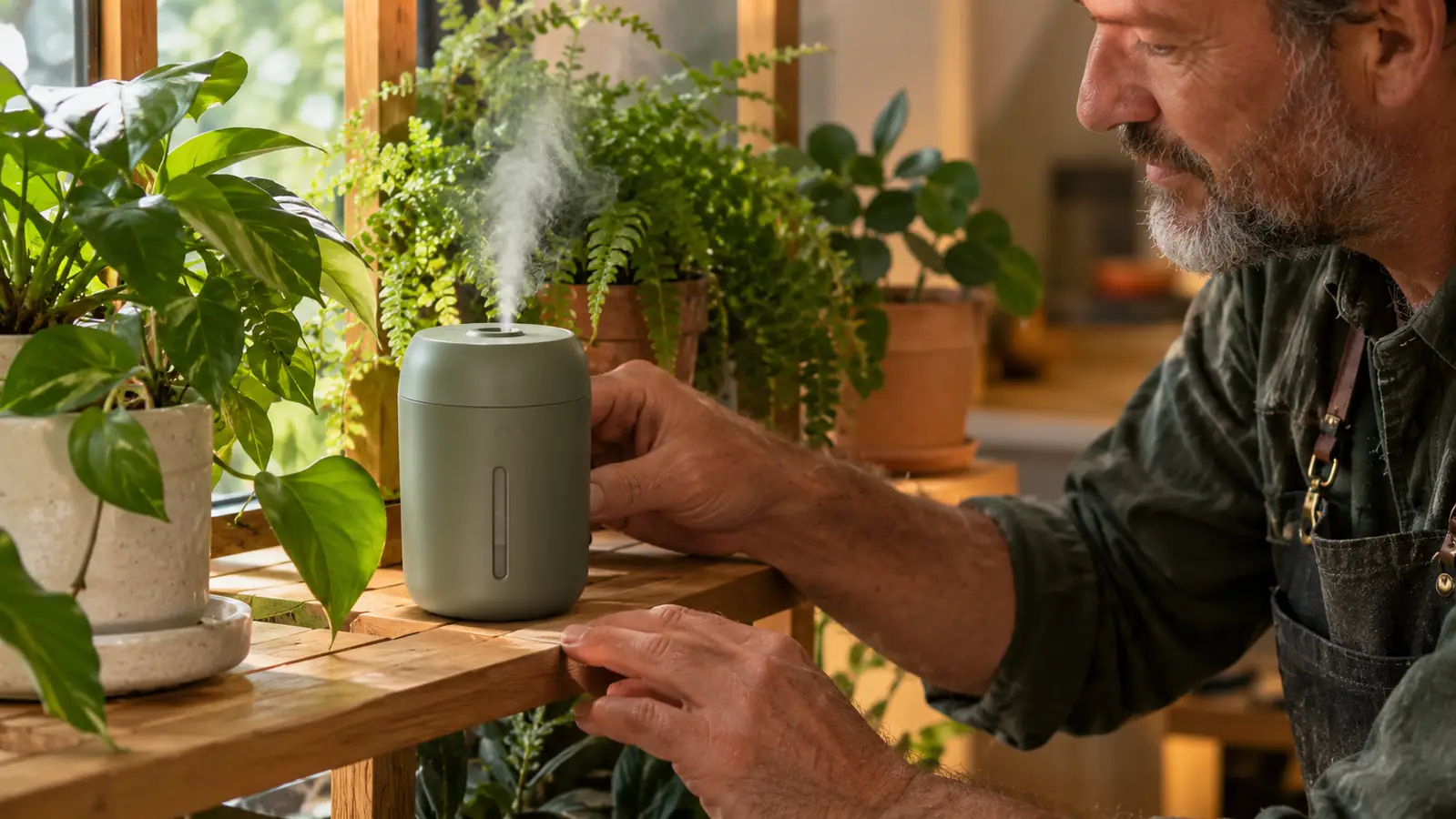 A small humidifier running on a plant shelf beside potted houseplants