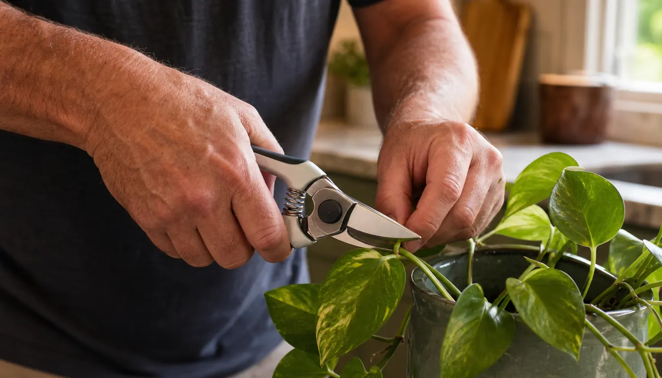 A hand using curved pruning snips to trim a stem on a potted houseplant