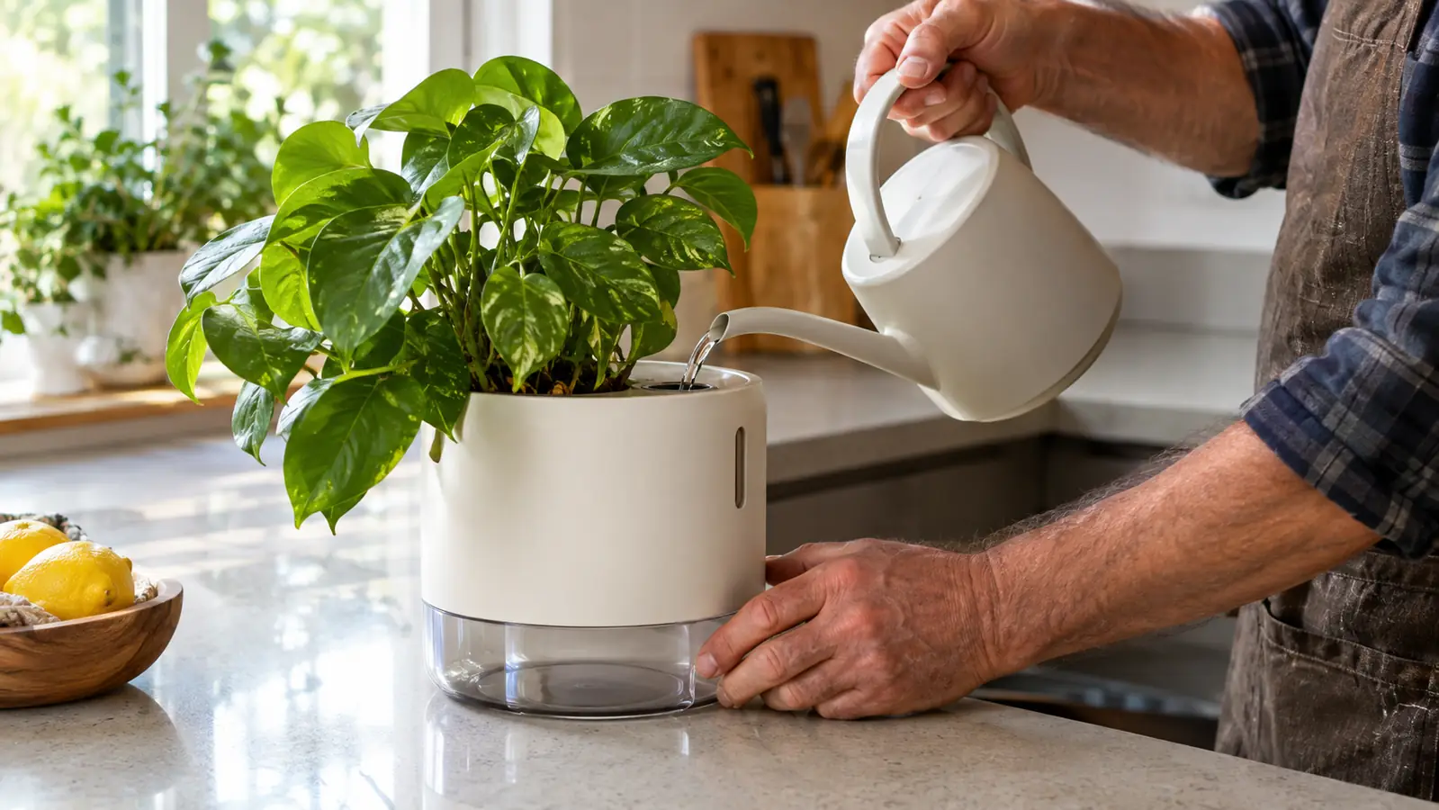 A hand filling the reservoir of a self-watering pot on a kitchen counter