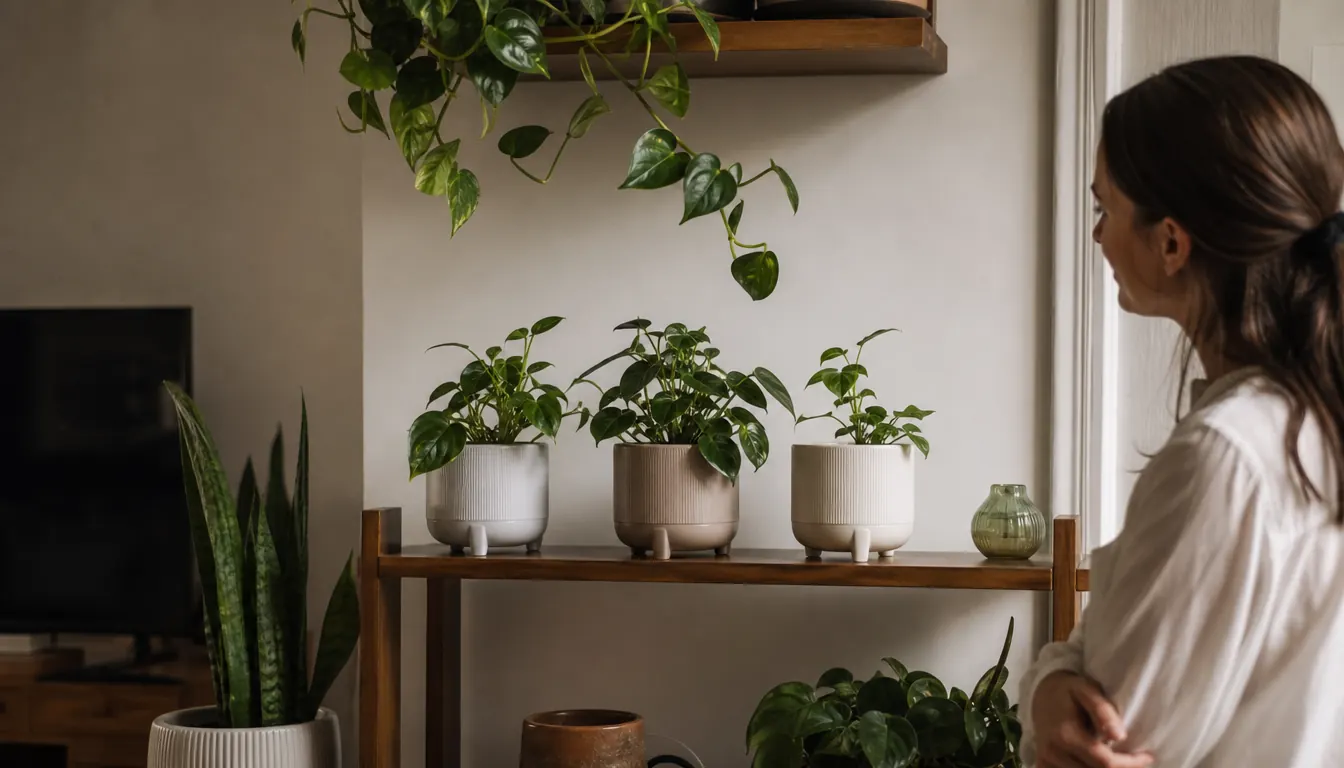 A row of self-watering pots on a shelf with a trailing houseplant above