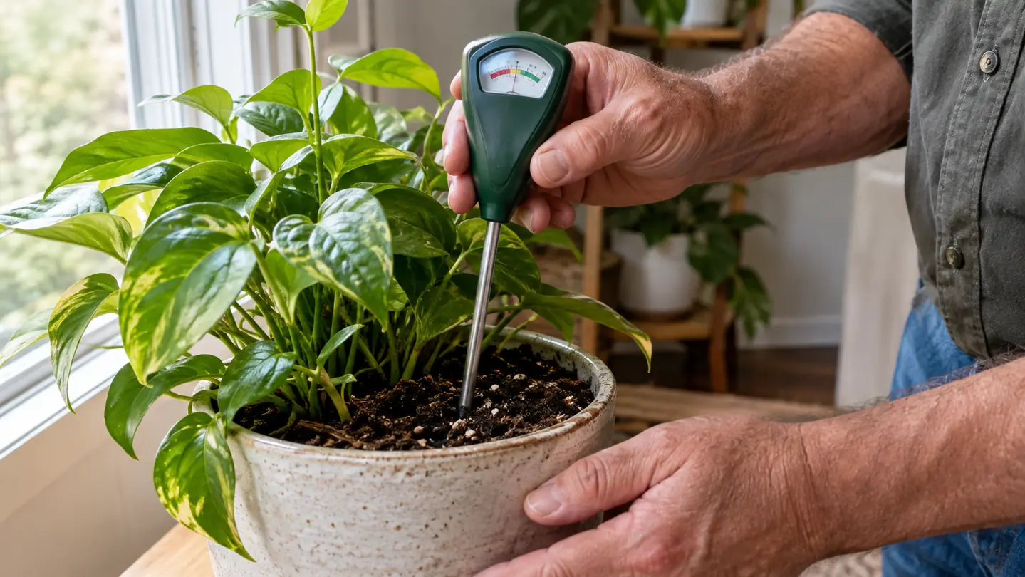 A hand pressing the long probe of a soil moisture meter into the potting mix of a houseplant