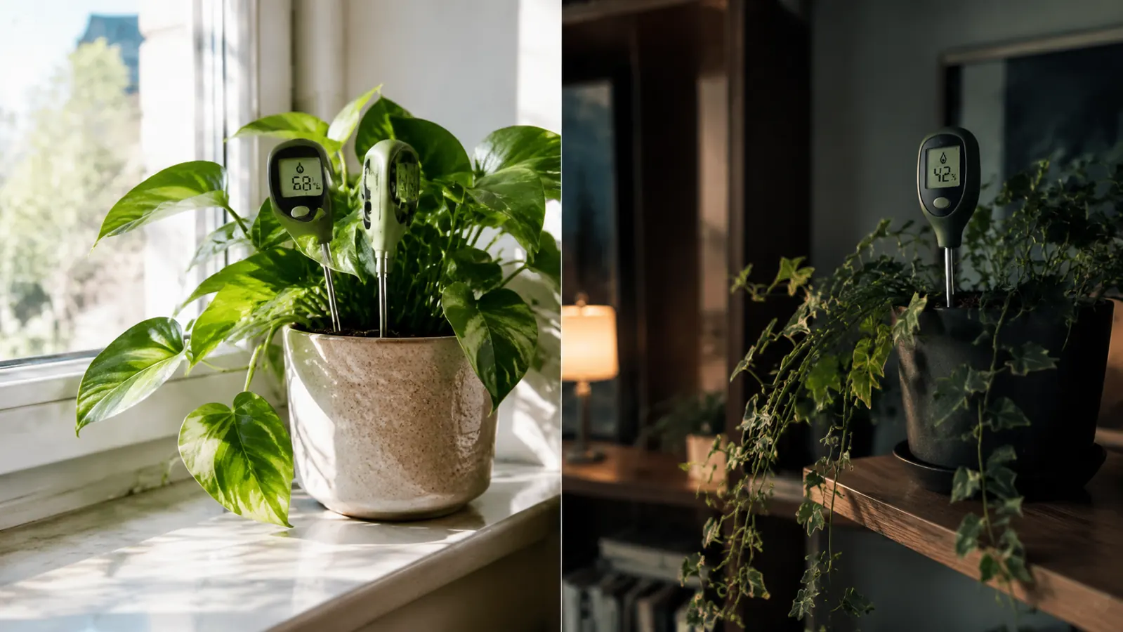 Two soil moisture meters in different rooms of a small apartment, one on a bright windowsill and one on a shelf in a dimmer room