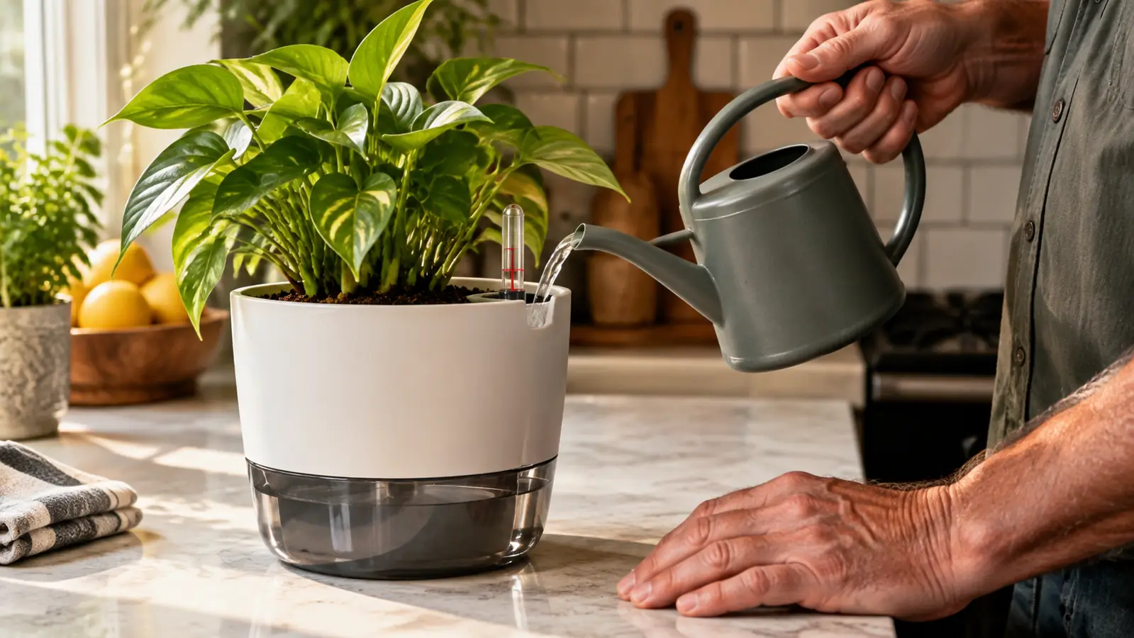 A hand pouring water into a self-watering pot on a kitchen counter