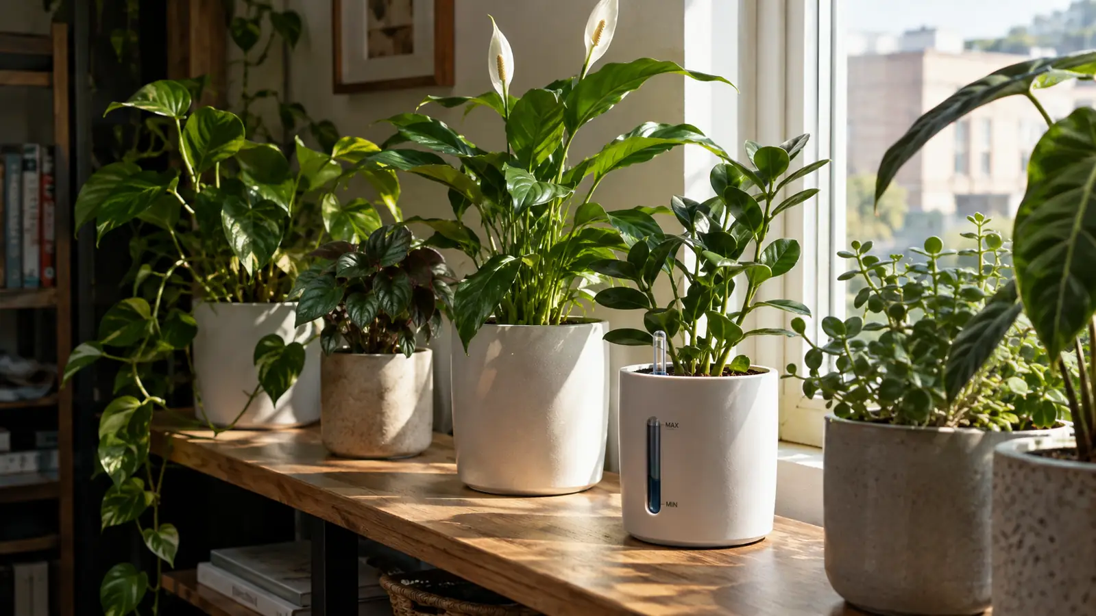 Houseplants on a shelf near a bright window, one in a self-watering pot