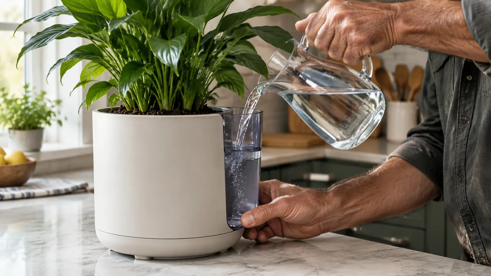 A hand filling the water reservoir of a self-watering pot while a plant sits inside