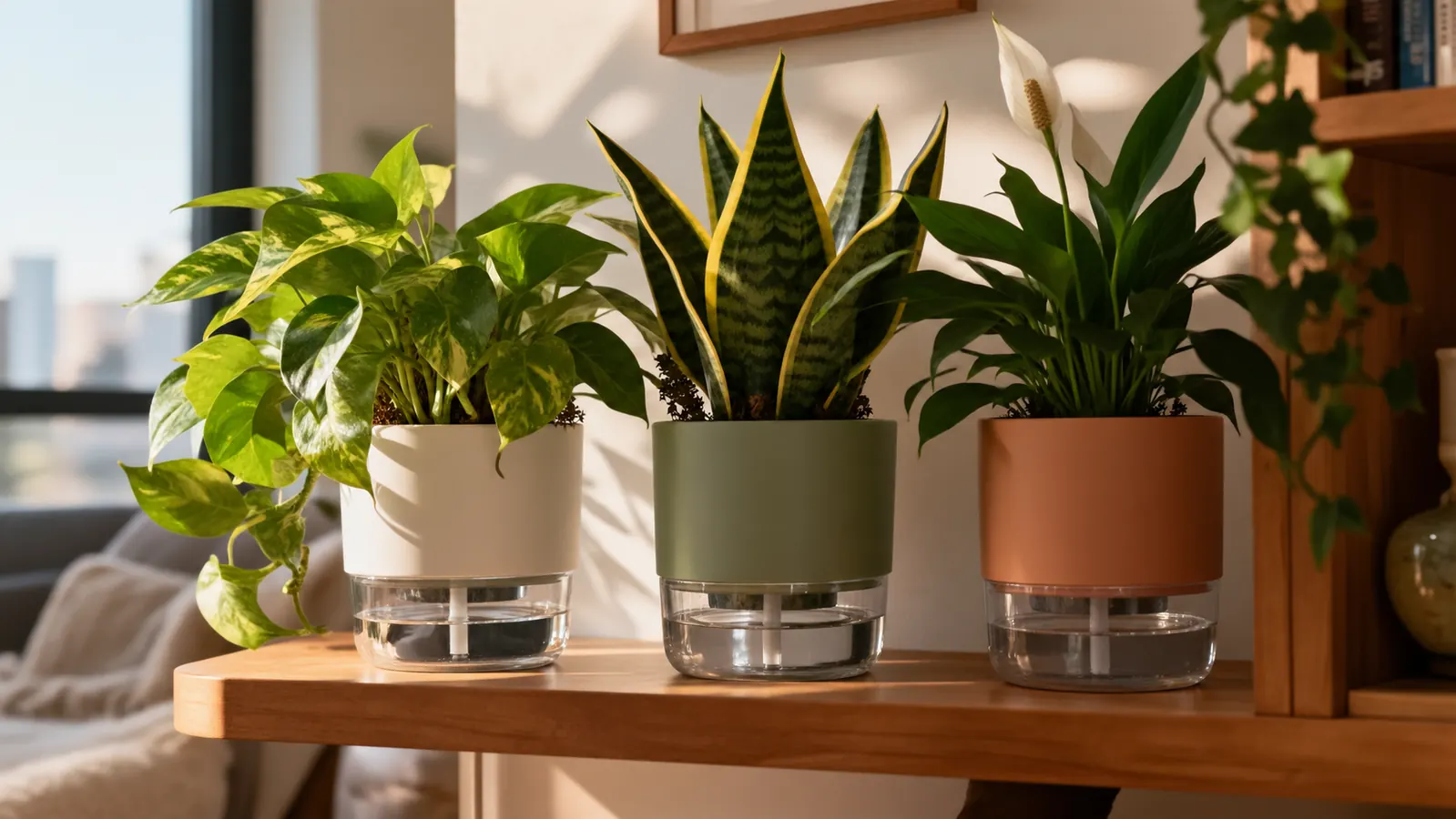 Three self-watering pots on a wooden shelf with houseplants