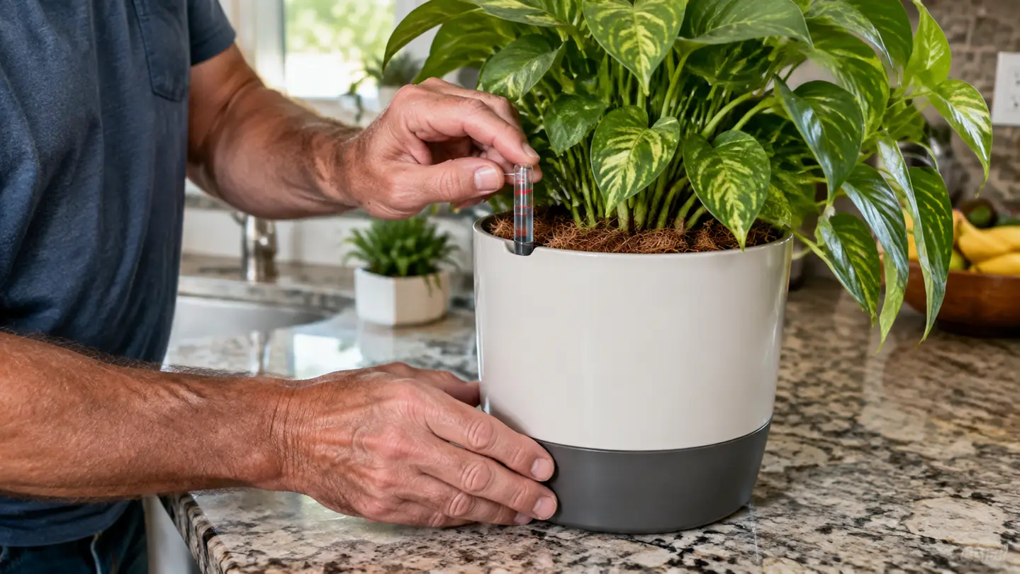 A hand checking the water level indicator on a self-watering pot holding a green houseplant