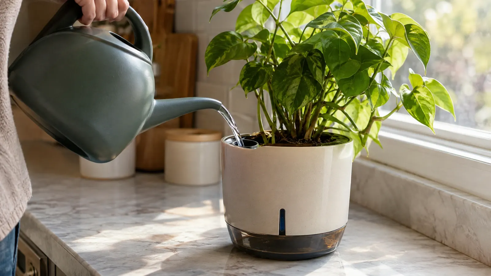 A watering can filling the reservoir opening of a self-watering pot on a kitchen counter