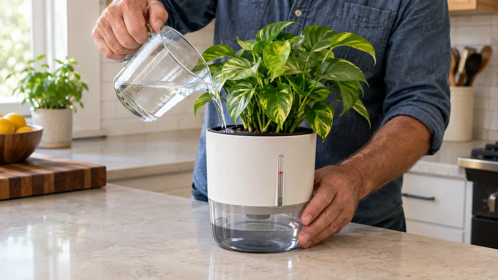 A hand pouring water from a measuring cup into the top of a self-watering pot with a water level indicator