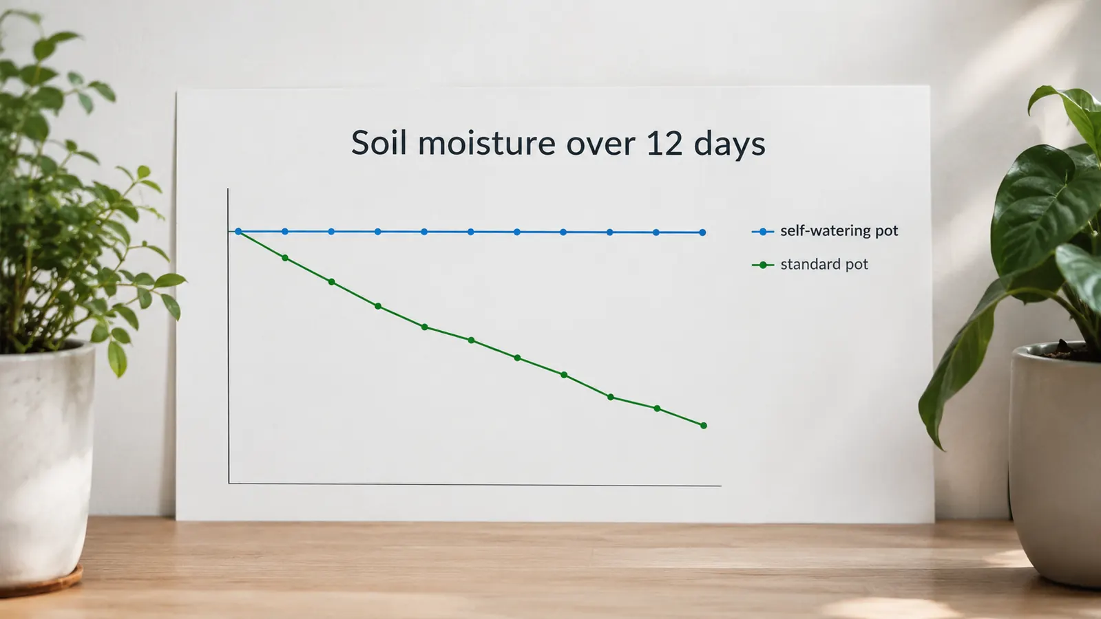 A simple line chart showing a soil moisture reading staying steady for twelve days in a self-watering pot while a standard pot dried out