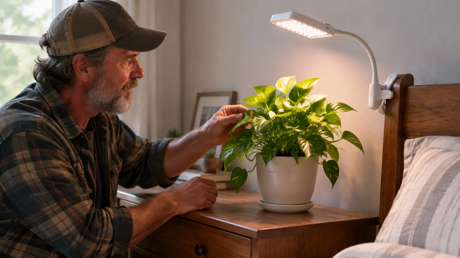 The GooingTop grow light clipped to a bed headboard, its flexible arm aimed at a leafy houseplant on a dresser.