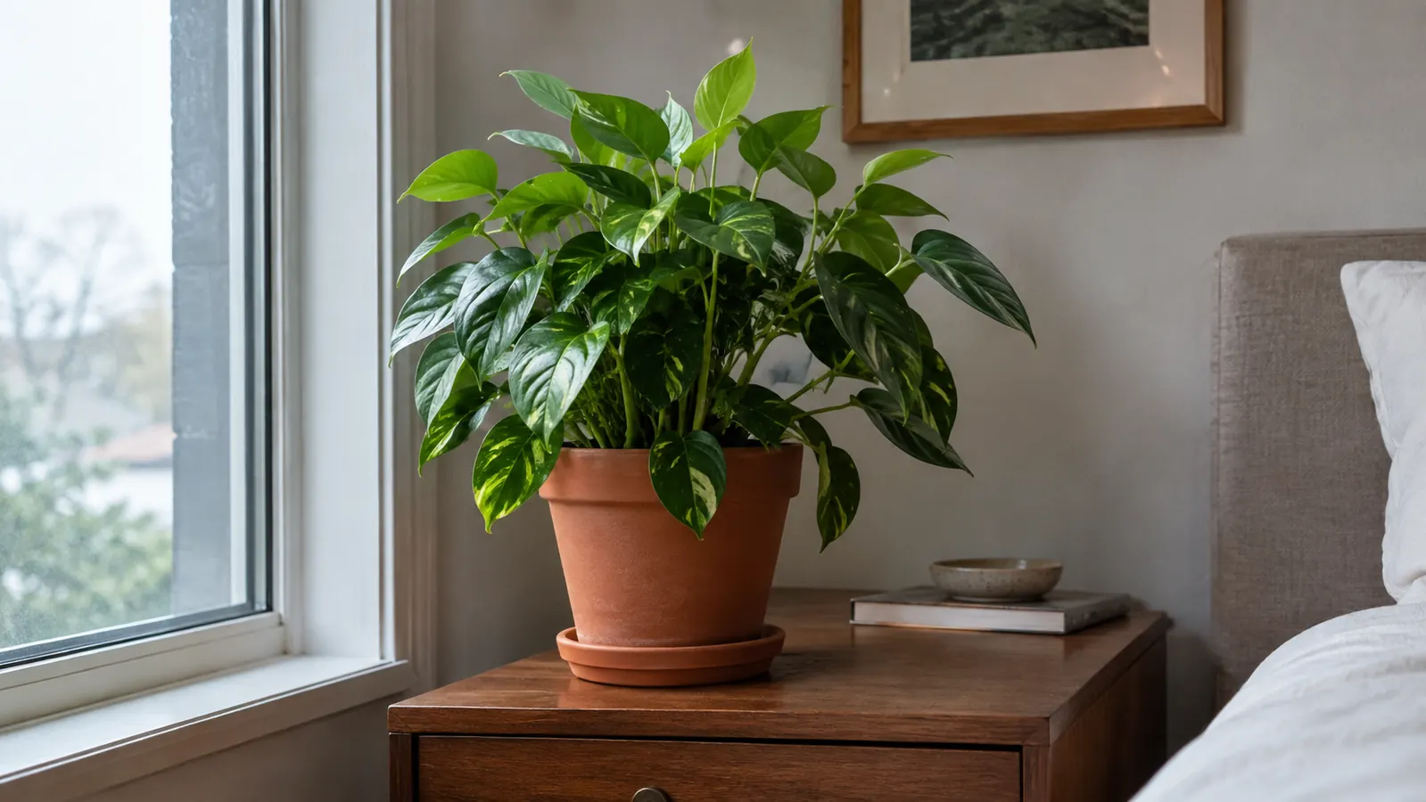 A leafy houseplant with fresh green growth on a dresser beside a north-facing bedroom window.