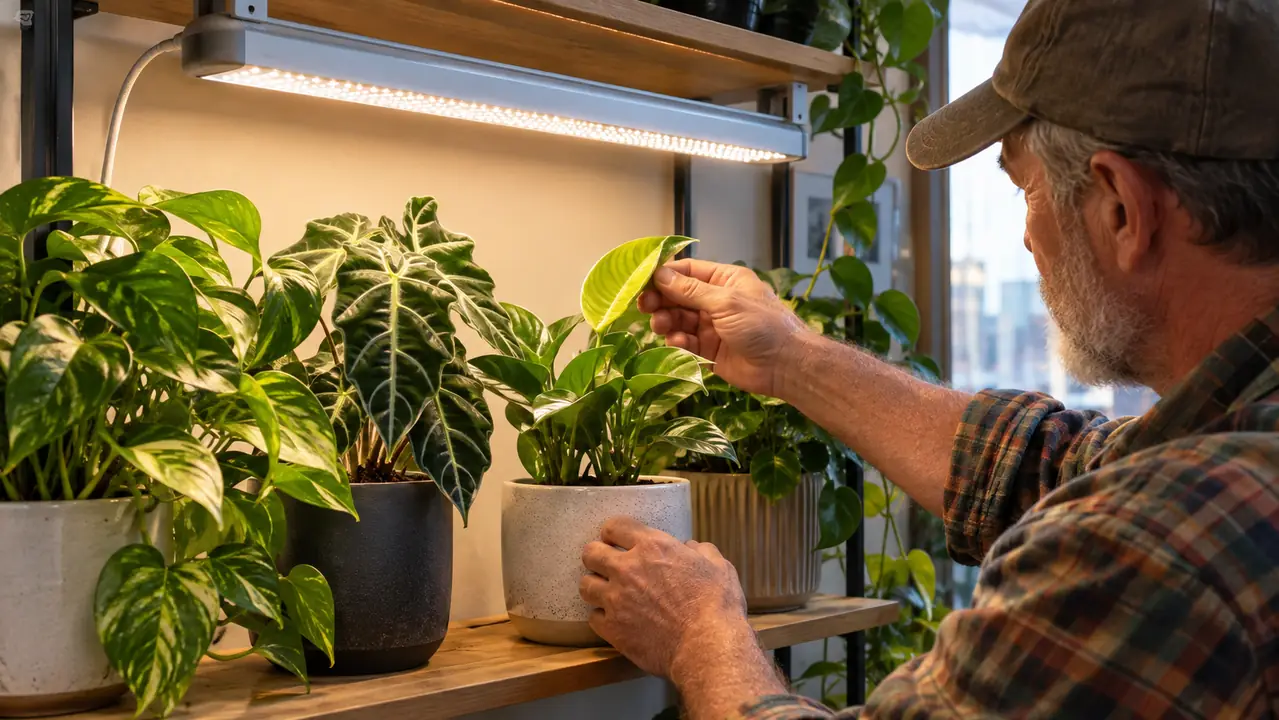 A grow light positioned above a row of potted houseplants on a shelf, with one plant showing new growth