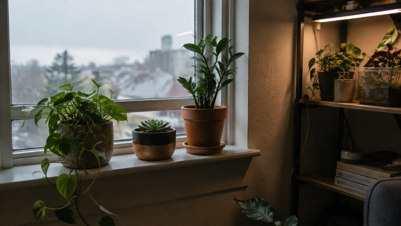 A small north-facing windowsill with houseplants and a grow light nearby on an overcast afternoon