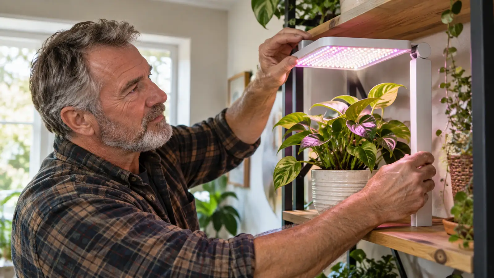 A hand adjusting the position of a grow light above a potted houseplant