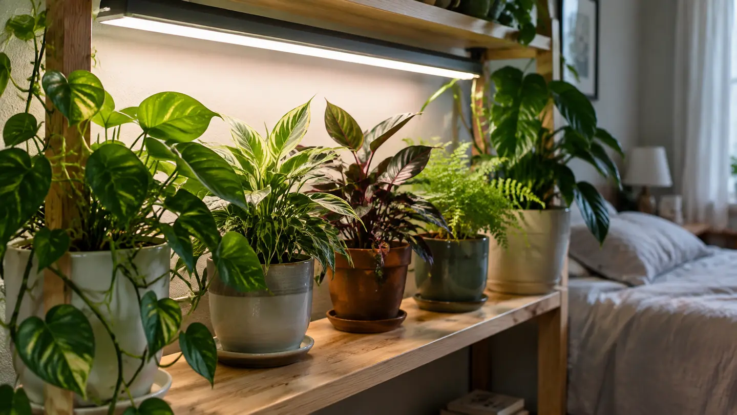 A row of potted houseplants on a shelf under a grow light