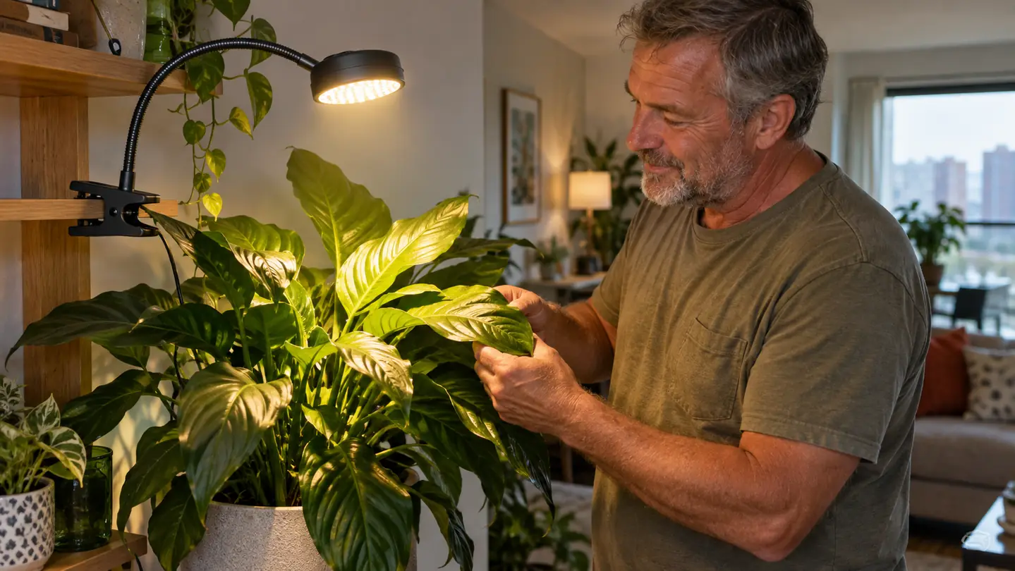 A clamp-style grow light shining down on a potted houseplant on a shelf