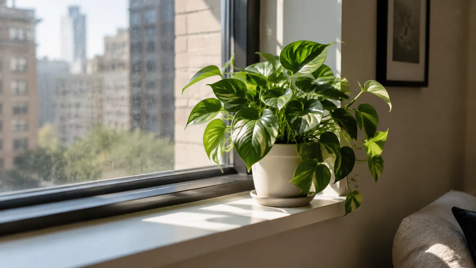 A potted houseplant on a windowsill in morning light