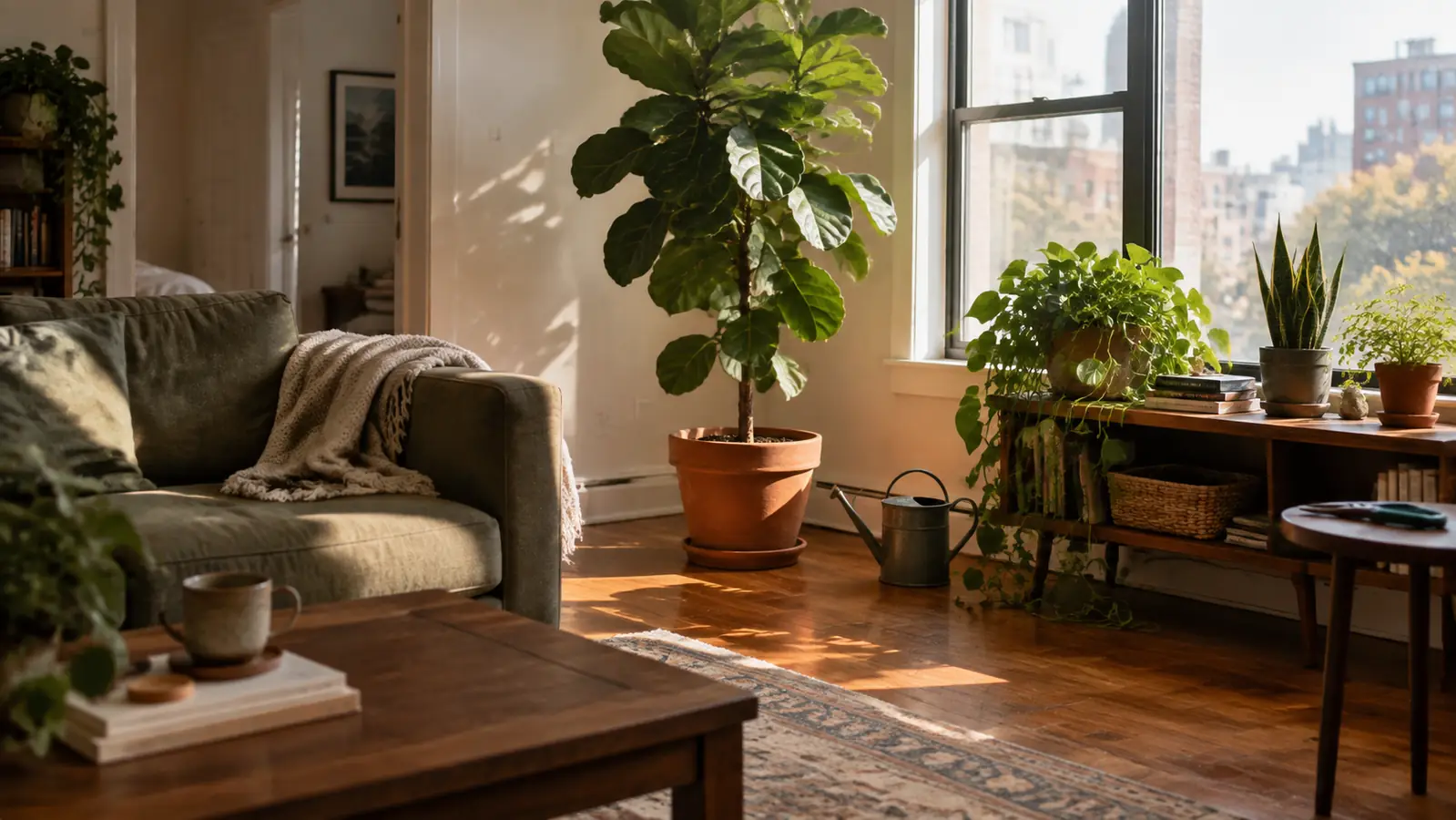 Morning light through a large apartment window with a cluster of healthy houseplants, a watering can and pruning snips nearby