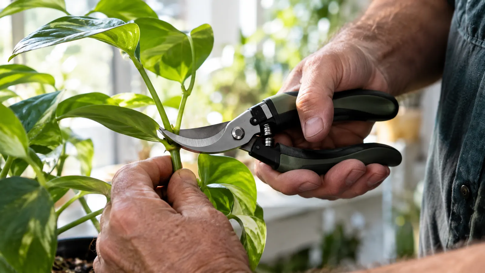 a hand using curved pruning snips to cut a houseplant stem just above a leaf node