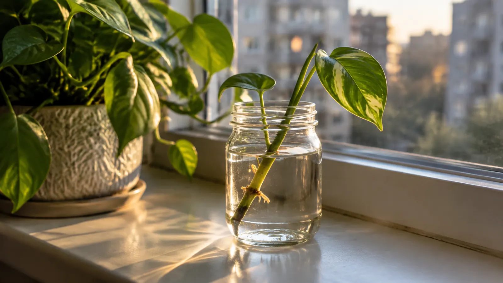 a glass jar holding a houseplant cutting in water on a windowsill next to a potted houseplant