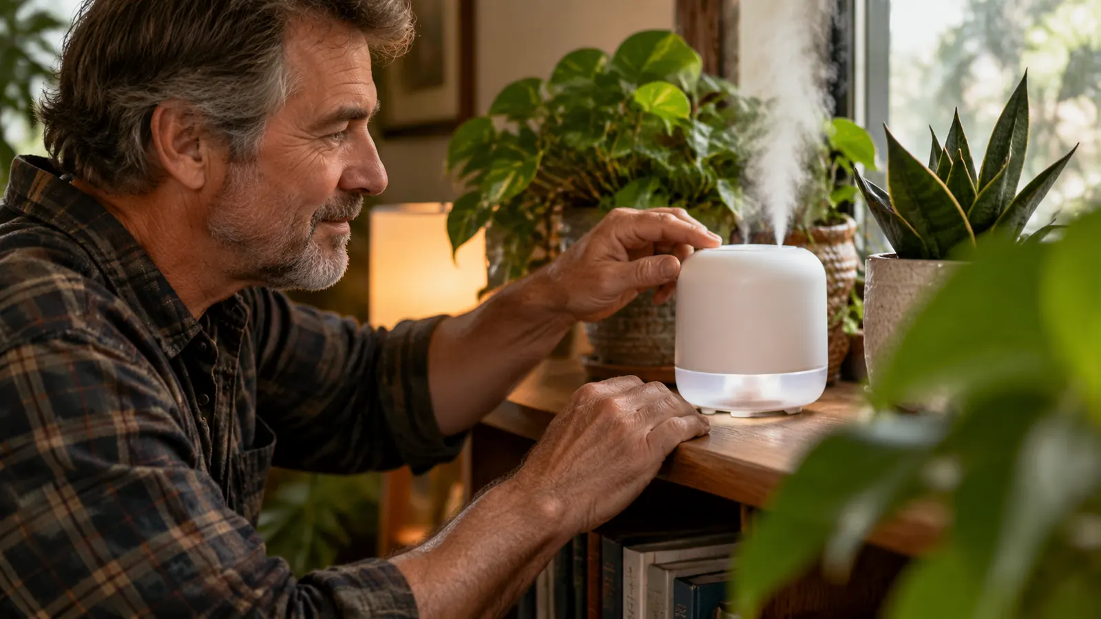 Small humidifier running on a low shelf beside potted houseplants