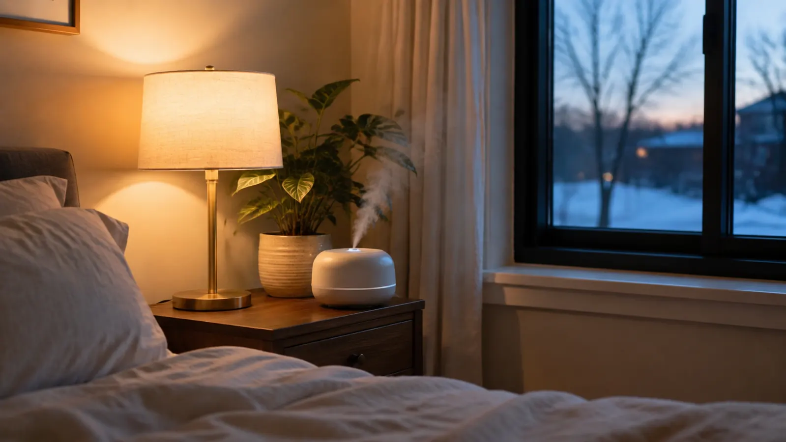 Small humidifier on a nightstand beside a potted houseplant at dusk