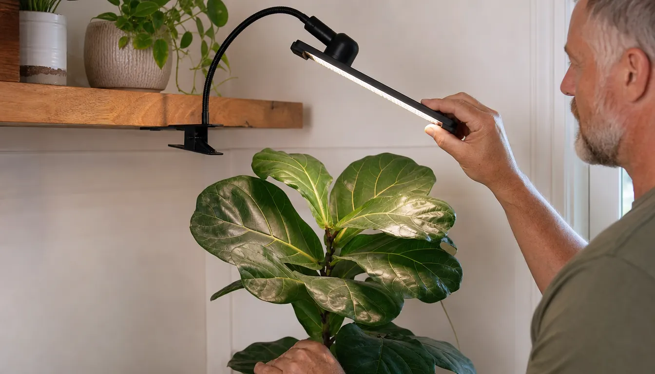 A grow light clamped to a wooden shelf, angled down over a fiddle leaf fig, with a hand adjusting the light