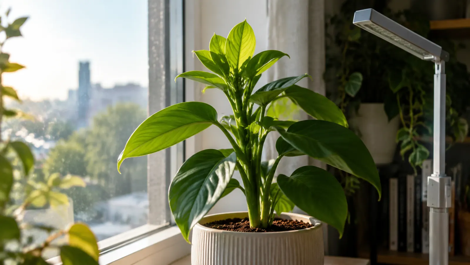 A potted houseplant with compact new growth on a windowsill in morning light