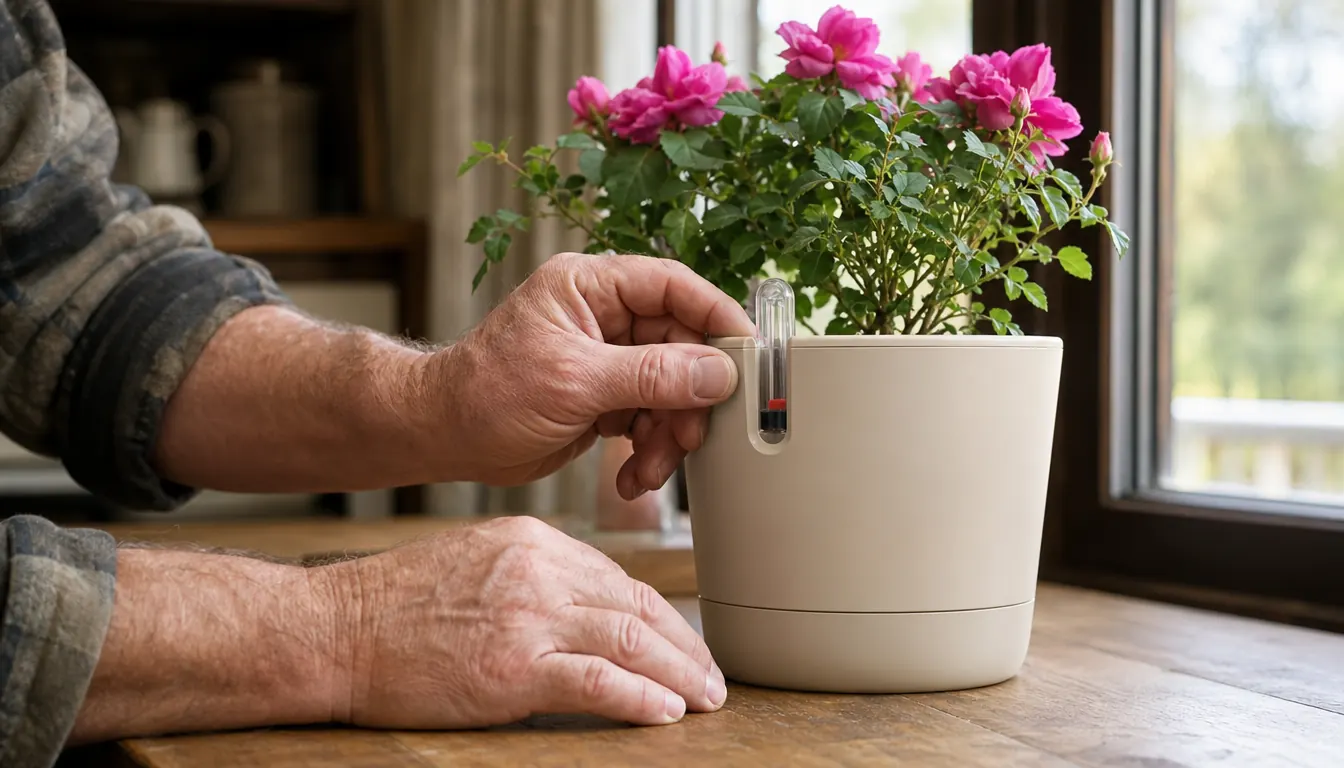 A hand checking the water level indicator on a self-watering flower pot