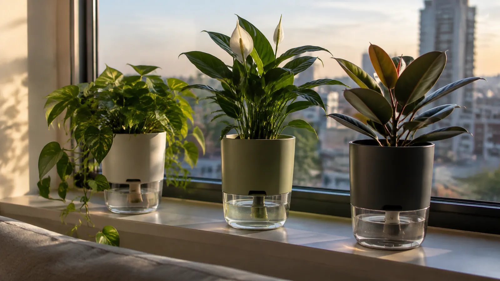 Three self-watering flower pots lined up on a windowsill, each holding a houseplant