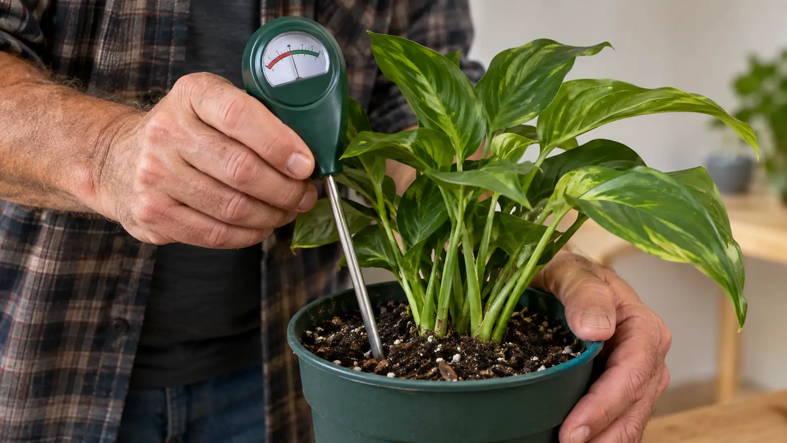 Close view of a soil moisture meter probe inserted into the potting soil of a houseplant
