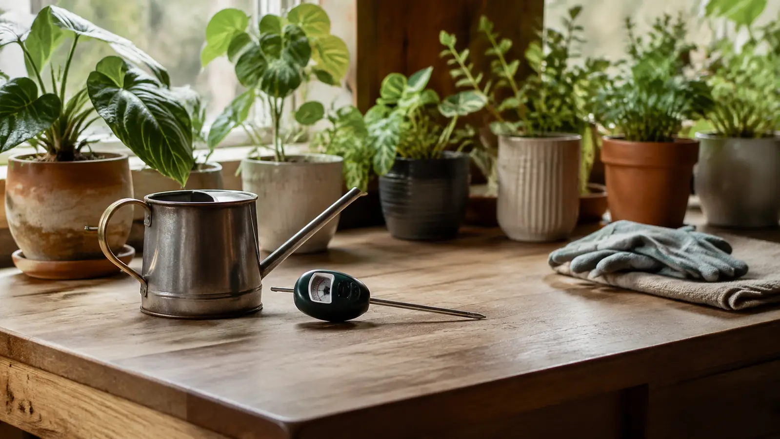 A small watering can and a soil moisture meter on a wooden table beside a row of potted houseplants