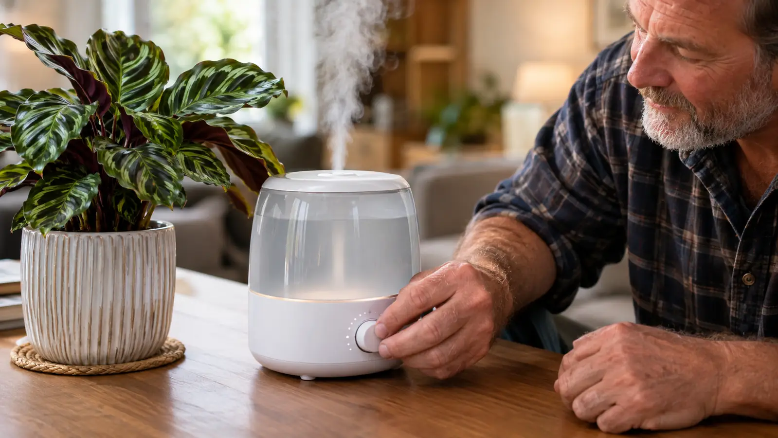 A small humidifier releasing a fine mist beside a calathea in a ceramic pot