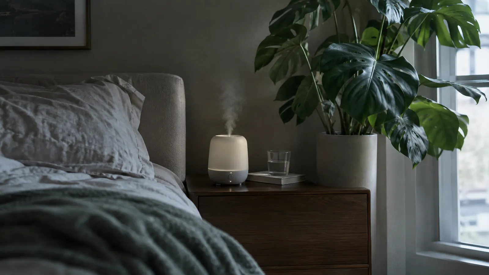 A humidifier on a nightstand beside a large houseplant in a bedroom with weak northern light