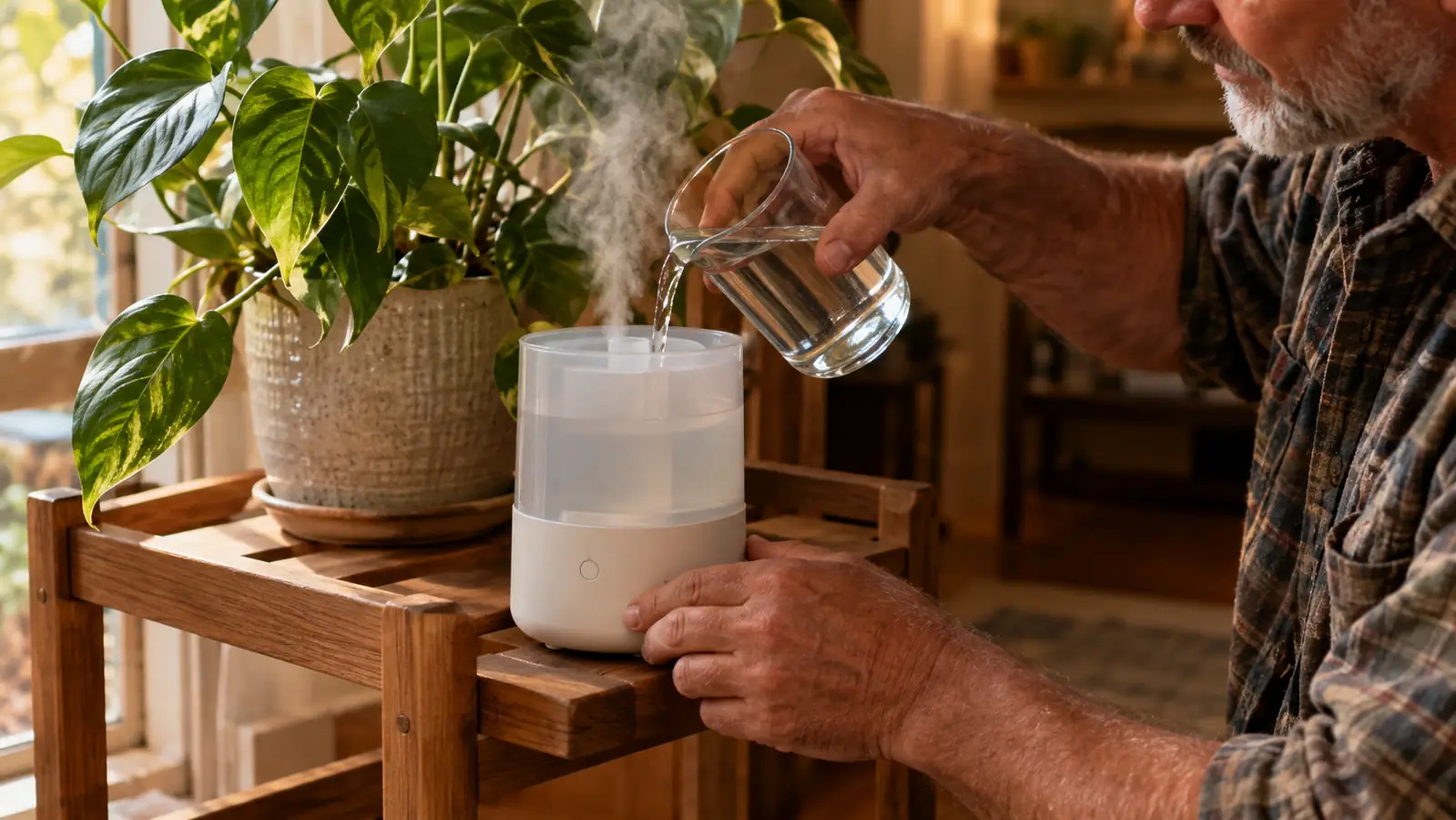 A small humidifier on a plant stand releasing a fine mist toward a potted houseplant while a hand refills the tank from a glass of water