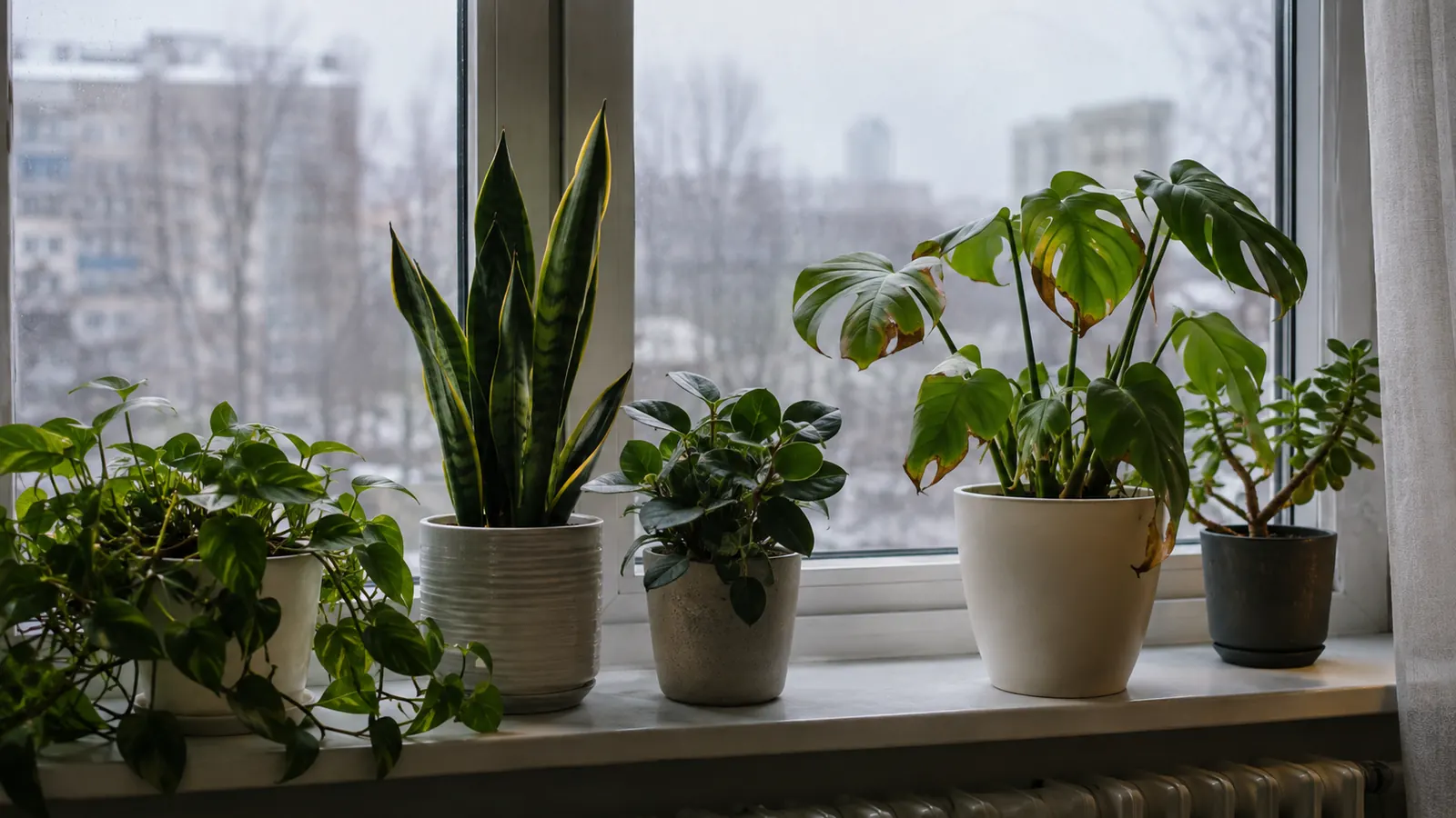 A row of potted houseplants on a windowsill on a grey winter day, soft diffuse light through the window