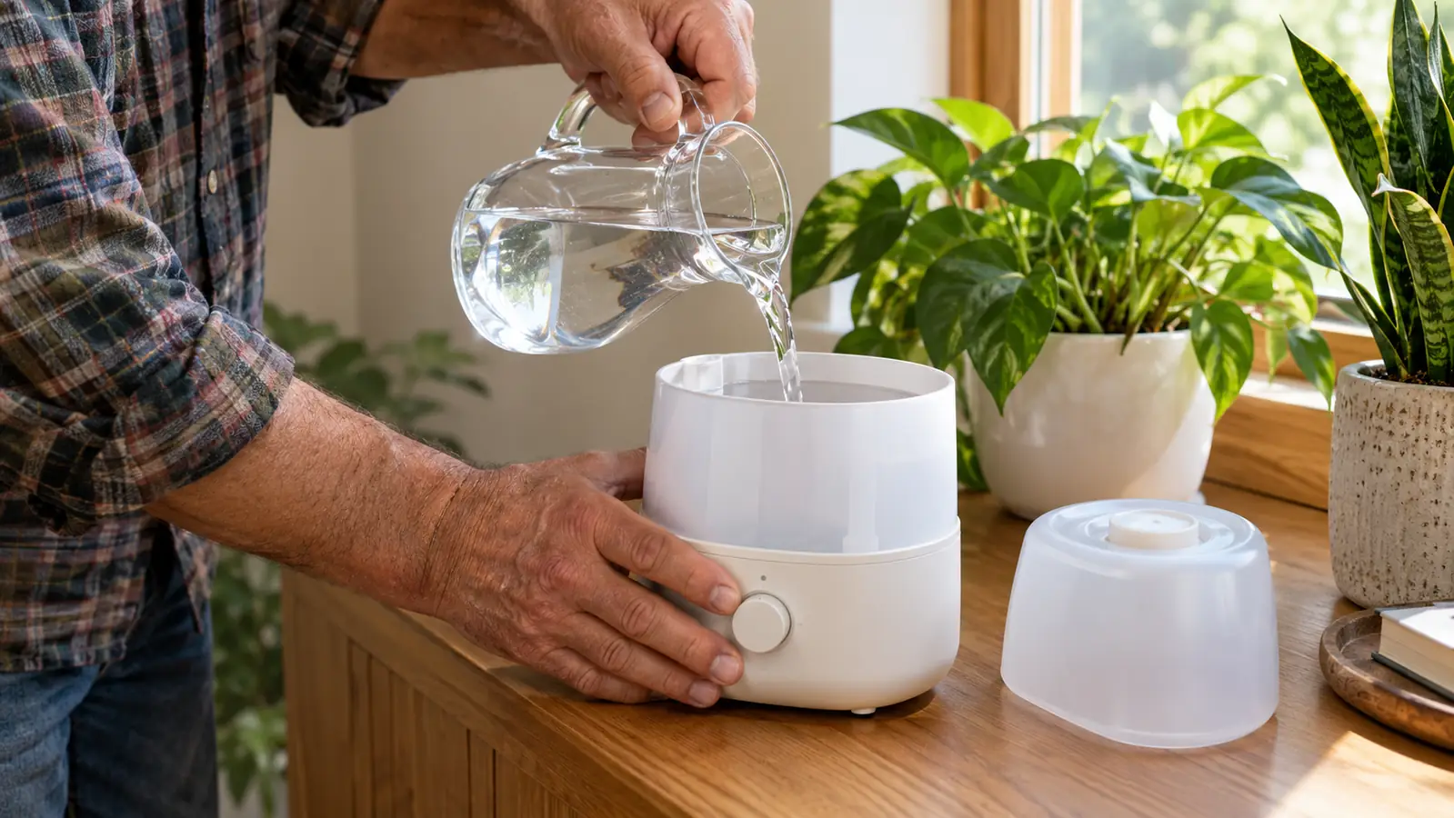 A hand filling the water tank of a small humidifier on a sideboard near houseplants