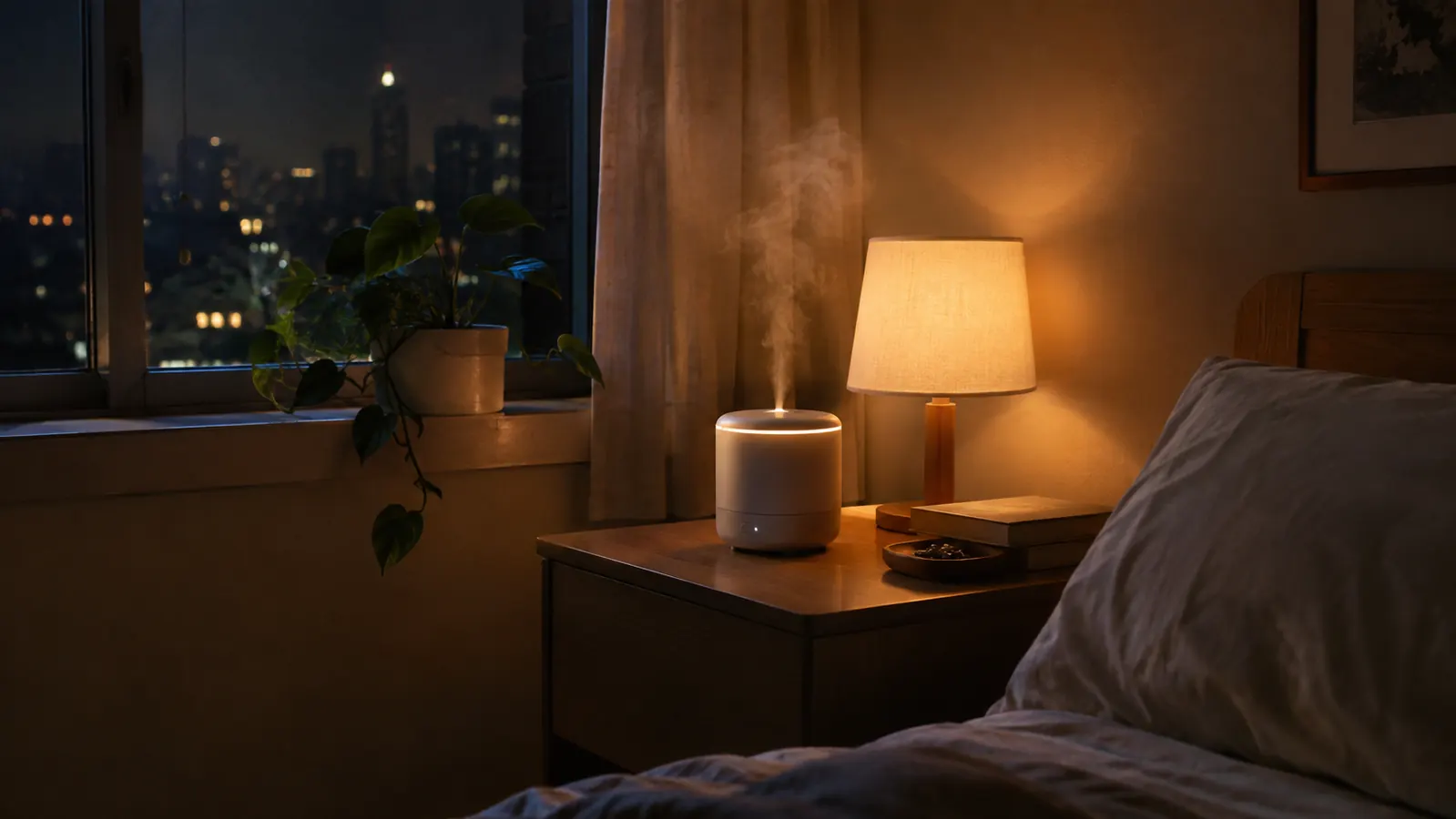 A small humidifier on a nightstand in a dim bedroom with a potted plant nearby