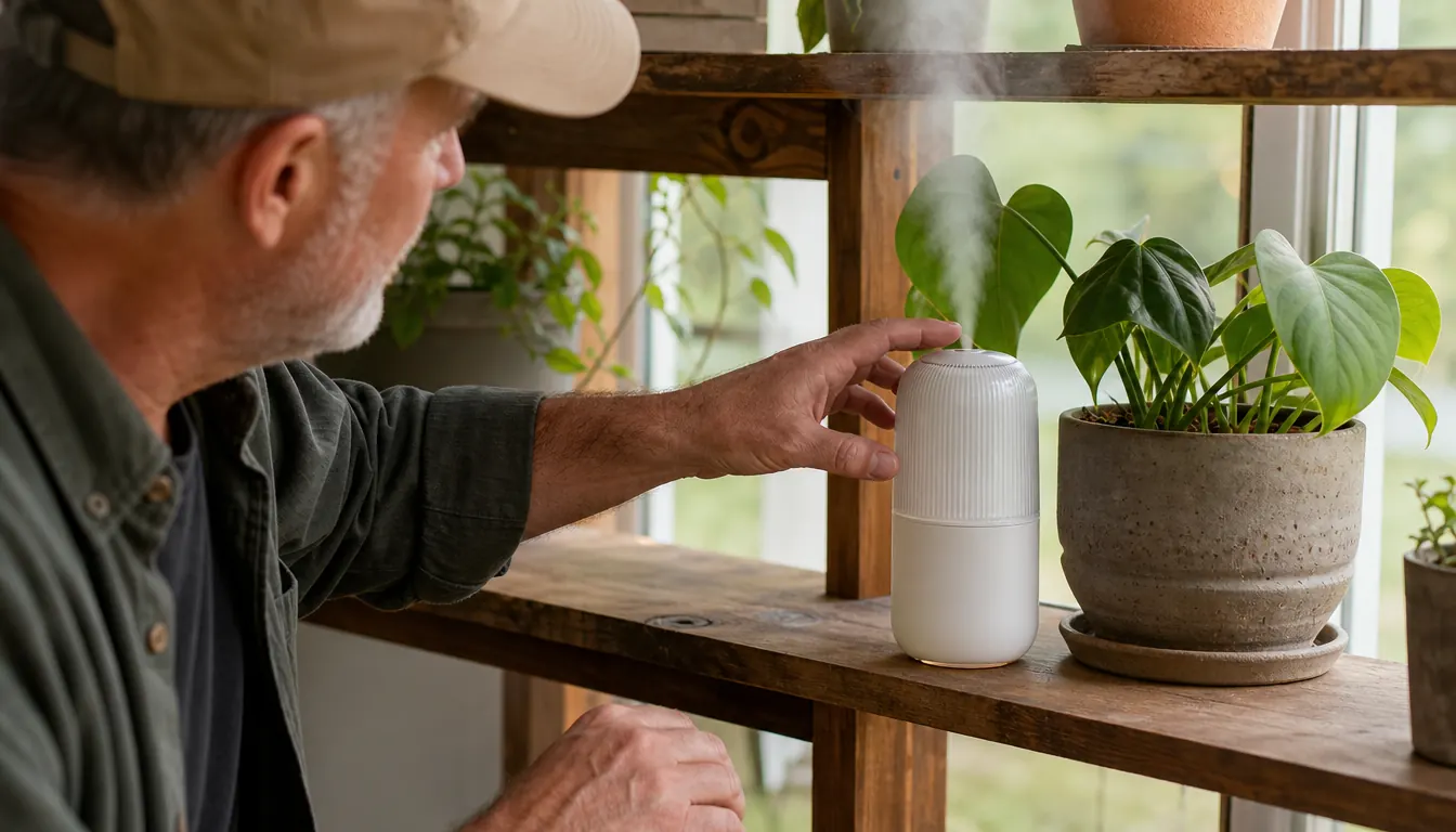 Hand reaching toward a small portable humidifier on a plant shelf next to a potted houseplant
