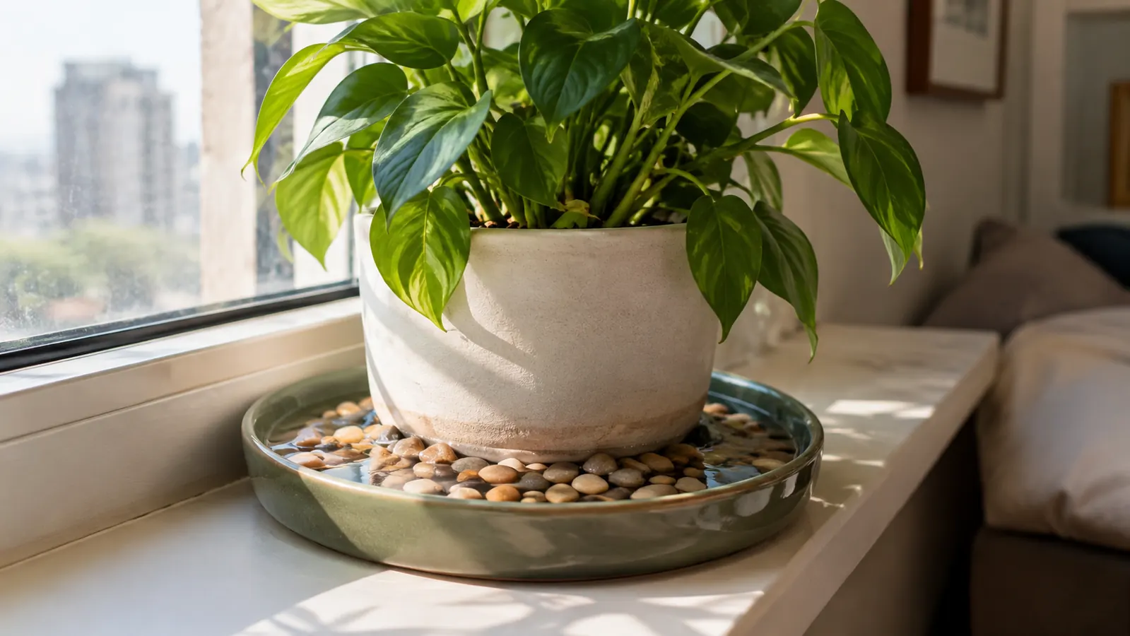 Potted houseplant sitting on a shallow pebble tray on a windowsill
