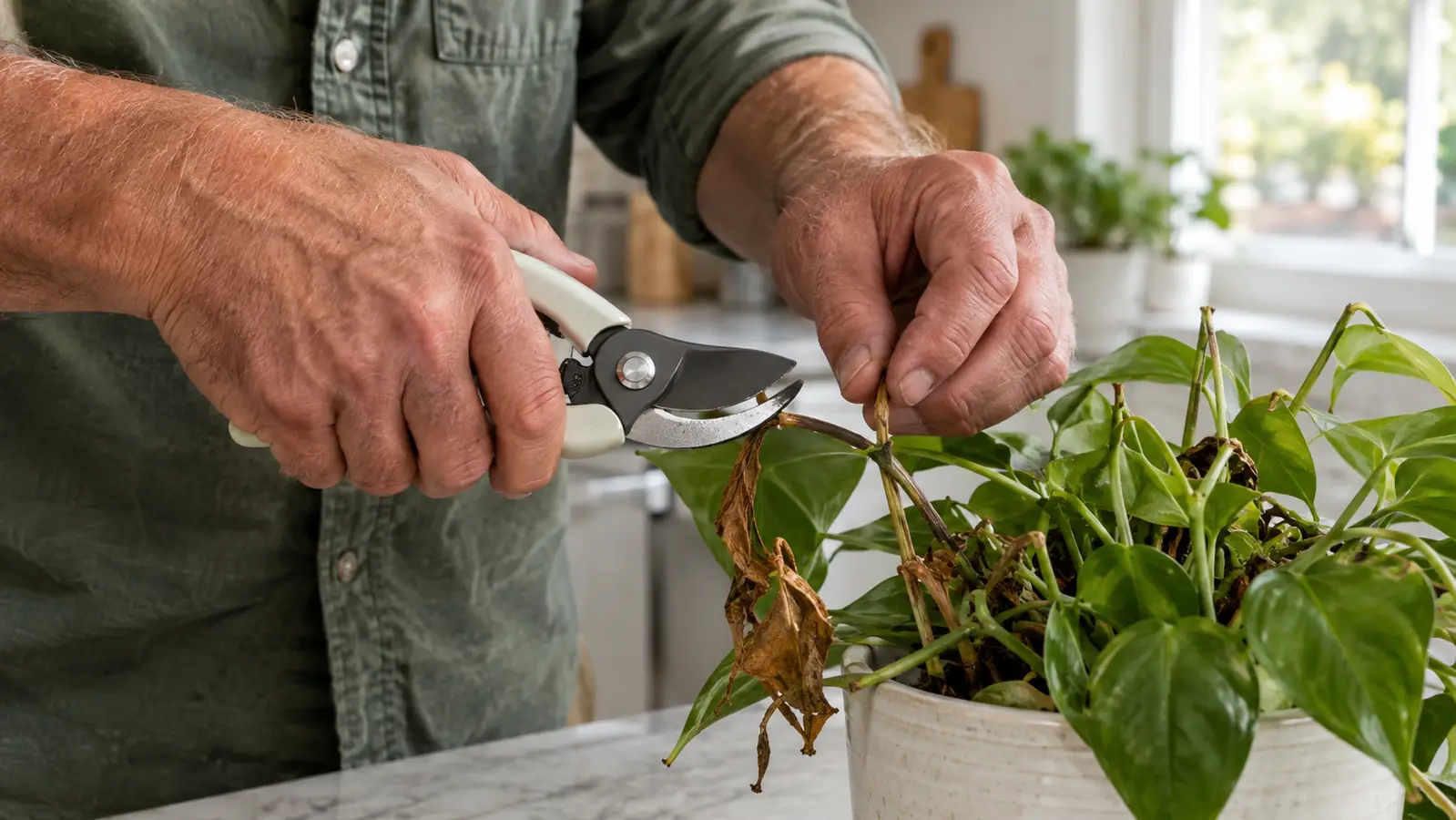 A person using curved pruning shears to snip a dry stem from a houseplant, close-up of the hand and blades
