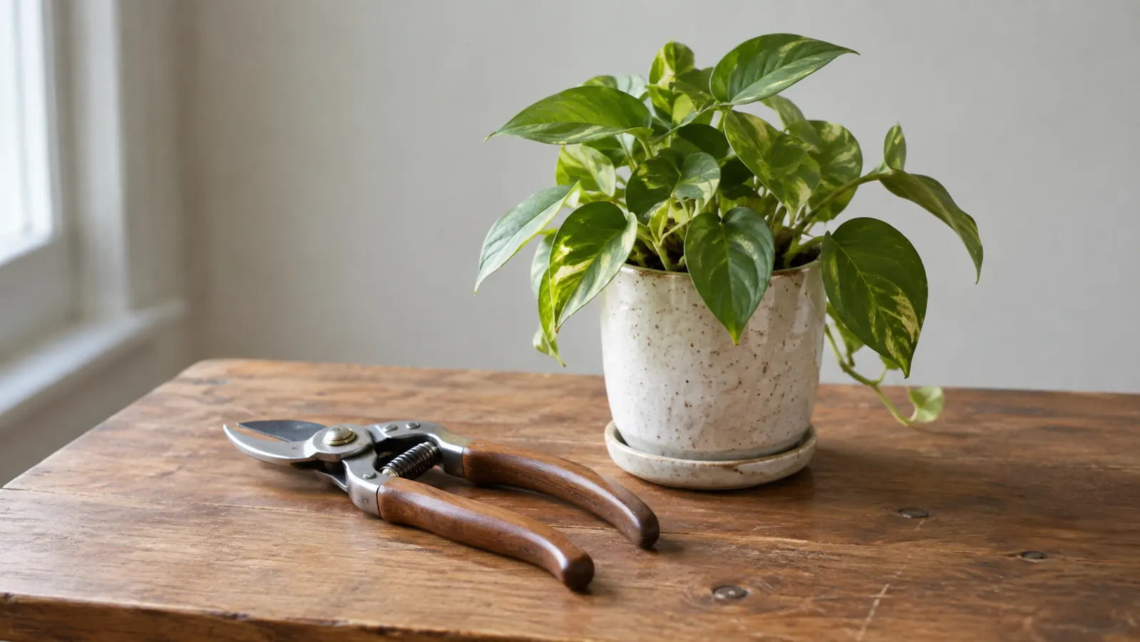 A pair of curved pruning shears resting on a wooden table next to a small potted plant