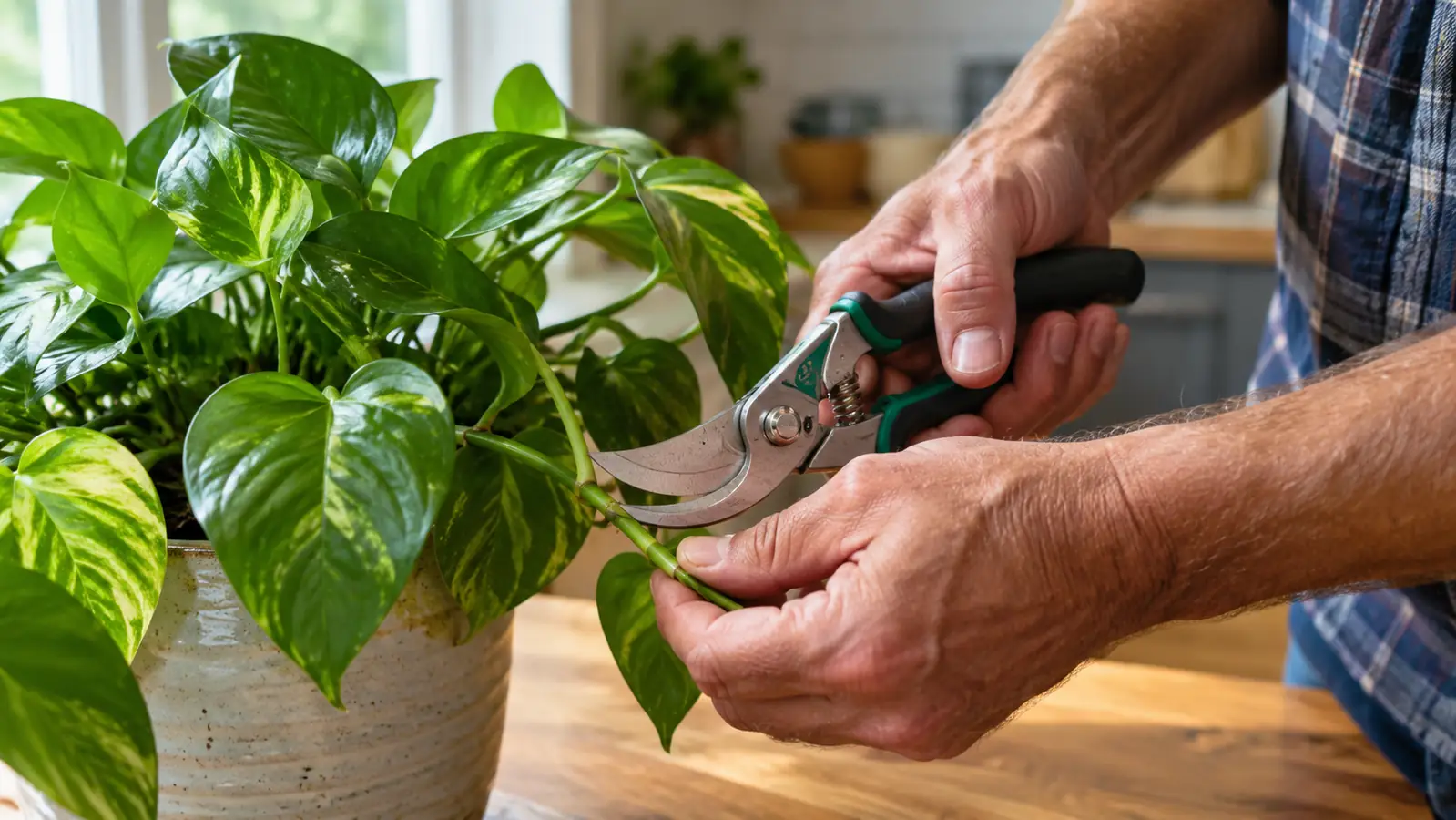 A hand holding the pruning shears while trimming a leaf stem on a houseplant at a kitchen table
