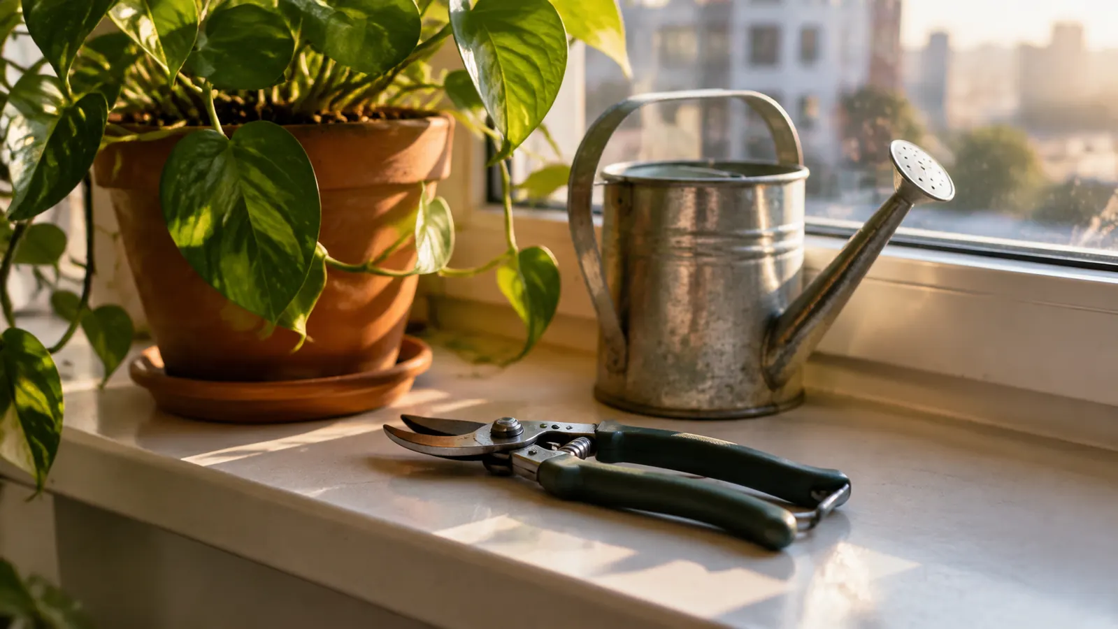 The pruning shears lying on a windowsill next to a small watering can and a potted houseplant