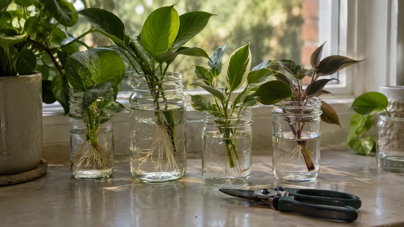 Glass jars of houseplant cuttings rooting in water on a kitchen windowsill, with pruning shears on the counter beside them