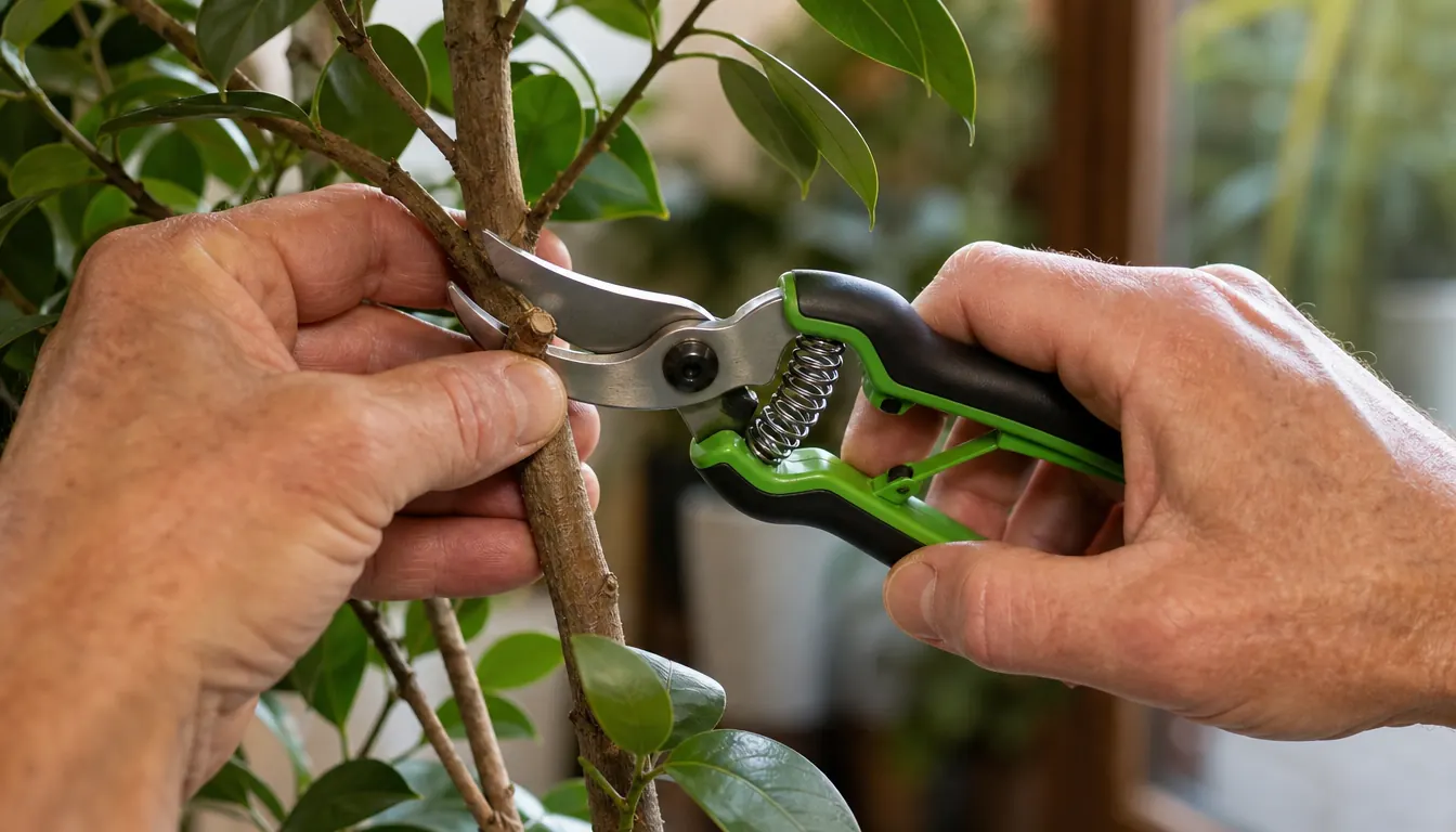 A hand using pruning shears to trim a woody stem on a potted houseplant