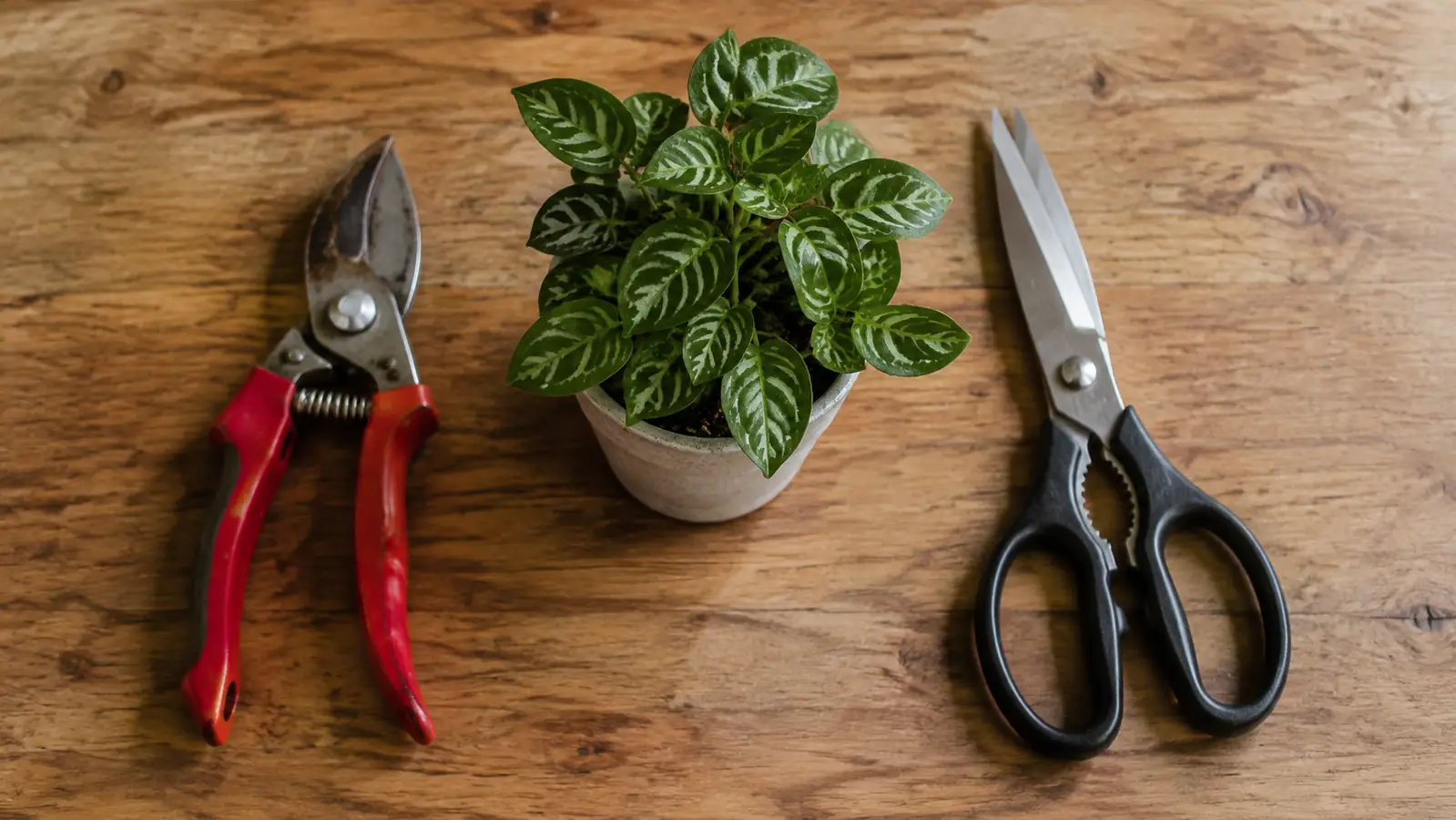 Pruning shears and kitchen scissors side by side on a wooden table with a small potted plant between them